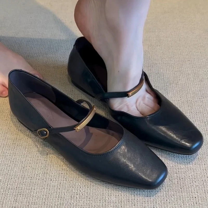 羊皮版！黑色单鞋女复古方头浅口金属一字带百搭通勤平底玛丽珍鞋