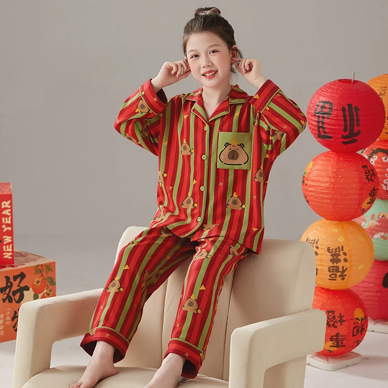 儿童睡衣春秋季红色纯棉长袖卡通本命年女童家居服套装马年中国风