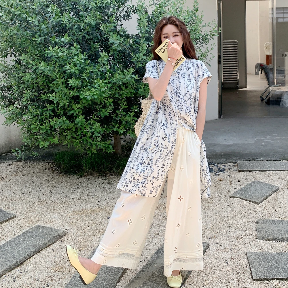 五一穿搭一整套超火韩系夏日慵懒chic碎花短袖蕾丝阔腿裤两件套装