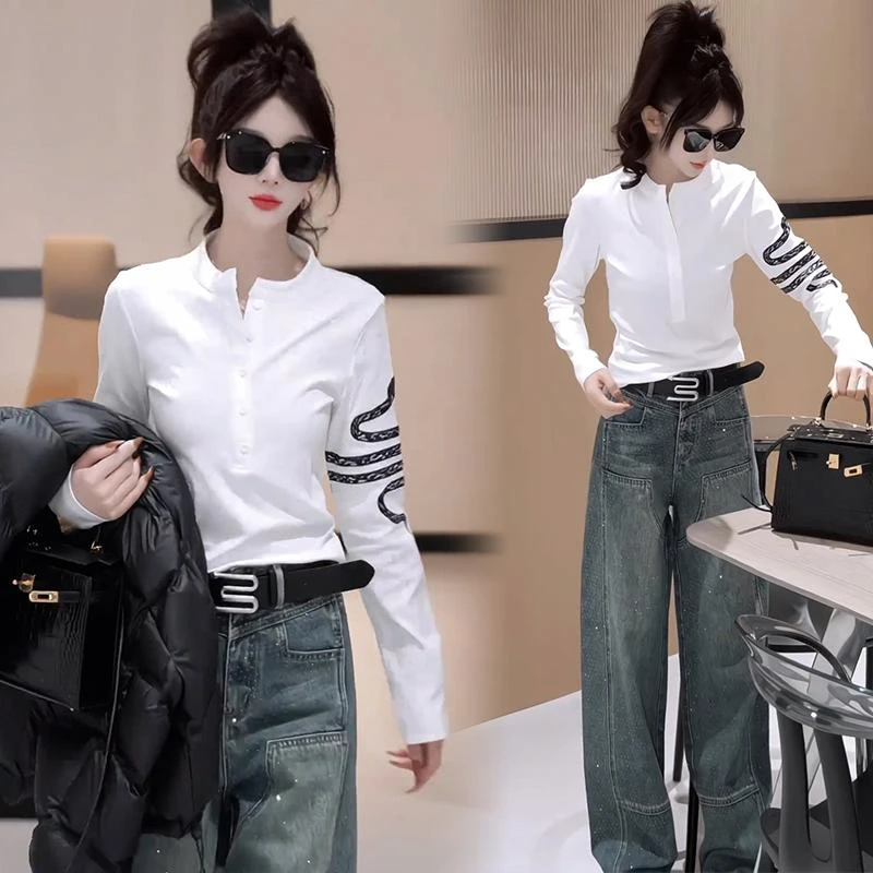 2025T恤春秋修身白色拼接极简风百搭学生长袖洋气休闲立领显瘦女