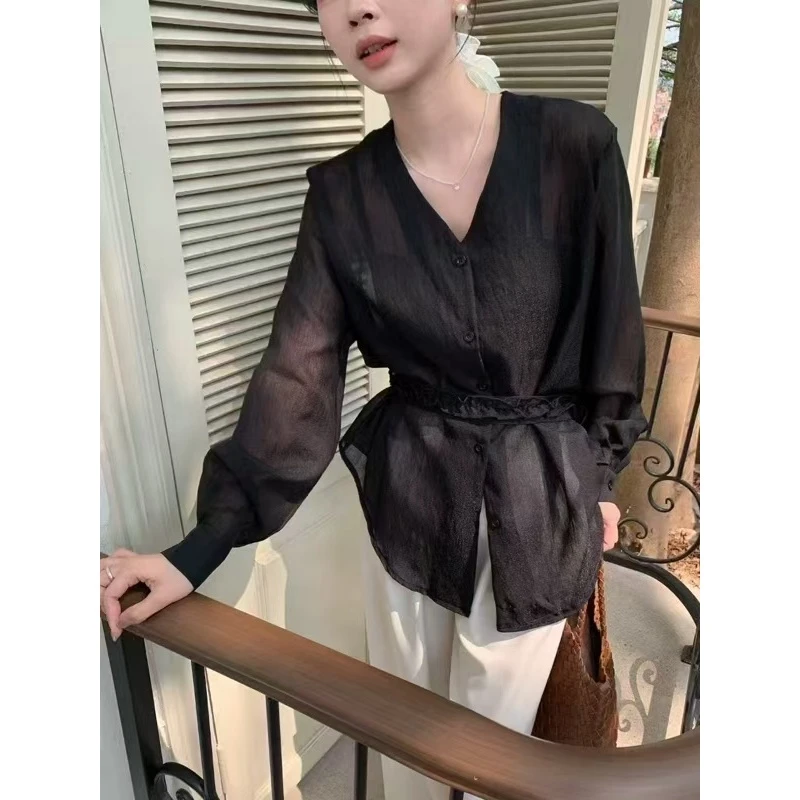 【晨浠定制】新款时尚百搭洋气V领复古衬衫2551