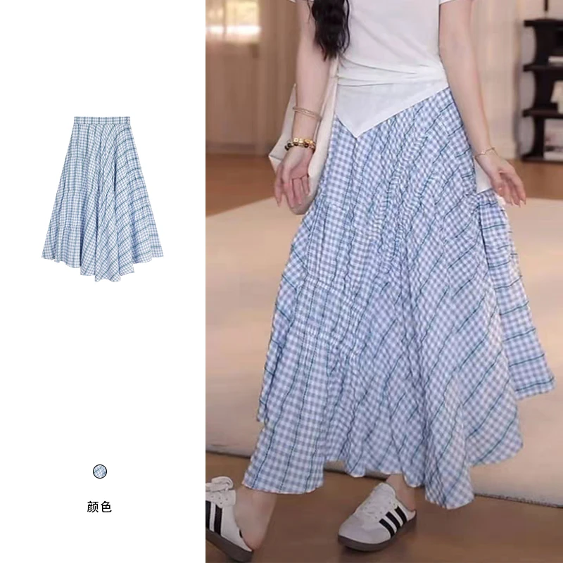 现货【蓝色格纹不规则半身裙慵懒A字中长裙子 YQ001】