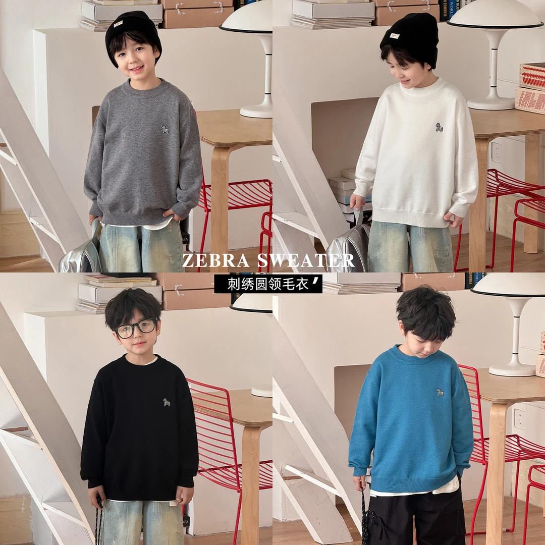 AMY5001棉小班童装百搭纯色针织衫2025春装小狗刺绣儿童毛衣