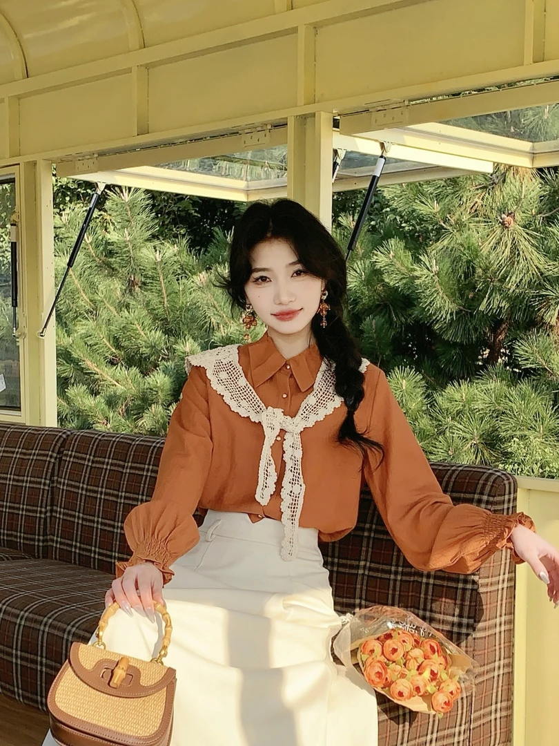 丁佳欣【枫林晚照】港风复古长袖衬衫女宽松显瘦上衣JK0725180