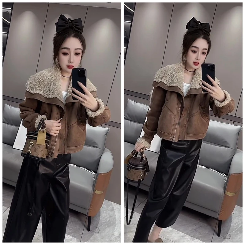 胖mm大码皮毛一体2025冬季时尚气质显瘦不臃肿大翻领羊羔毛短外套