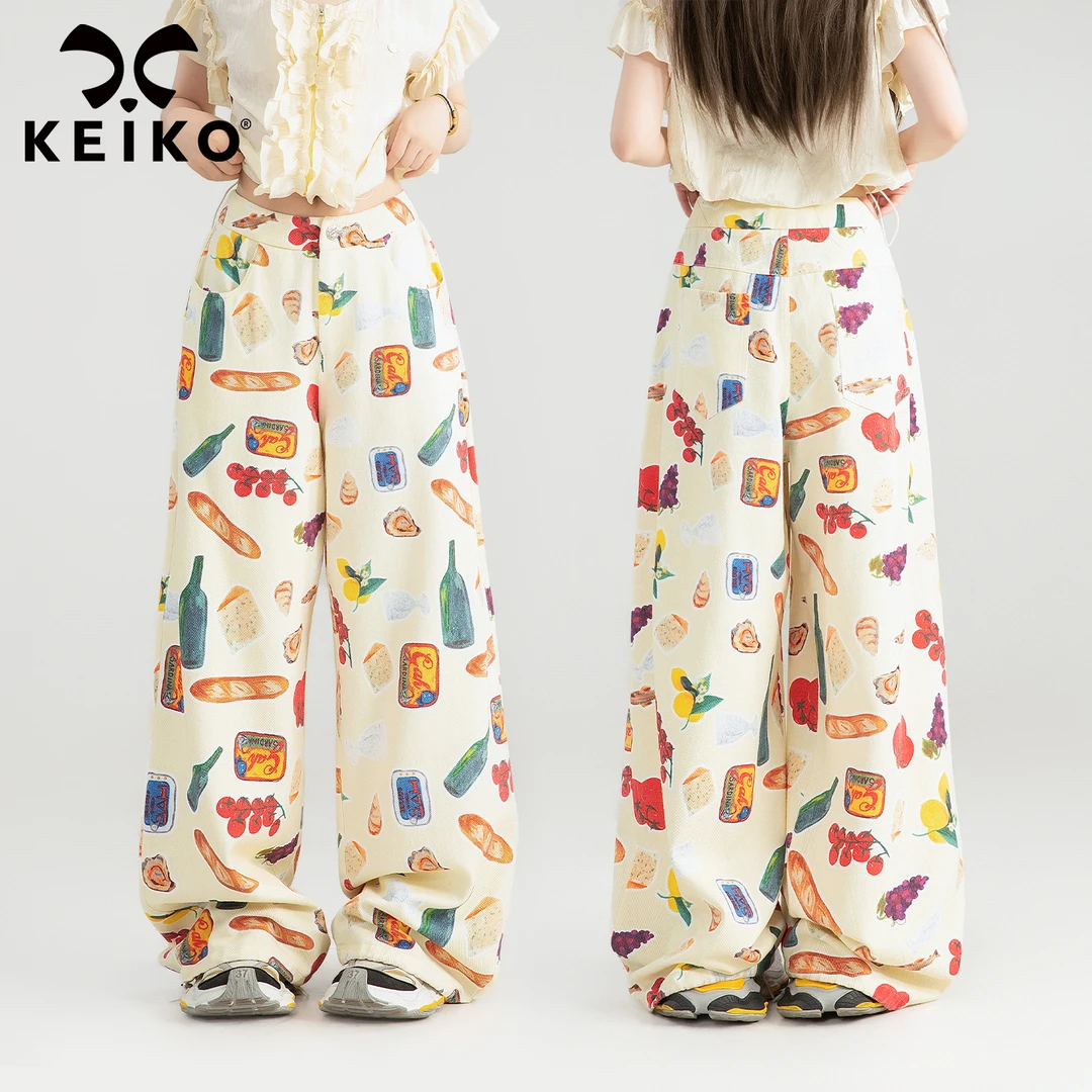 KEIKO 彩绘水果印花休闲牛仔裤女25夏季美式复古高腰直筒阔腿长裤