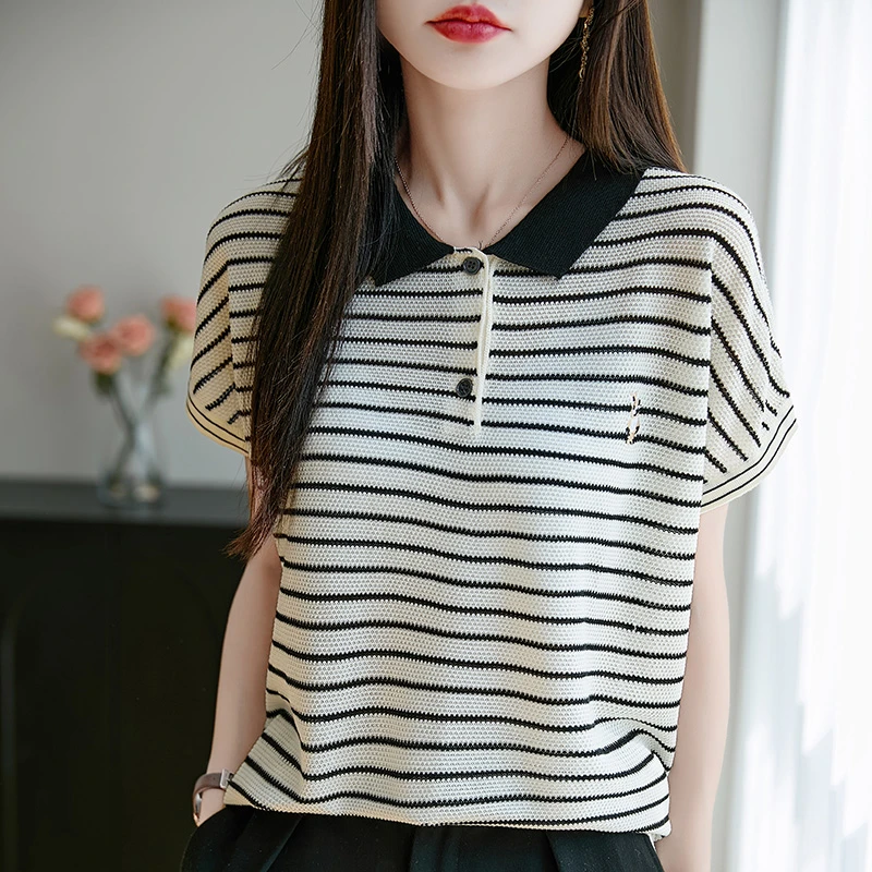 条纹短袖t恤女夏季2025新款polo领宽松显瘦设计感针织衫上衣