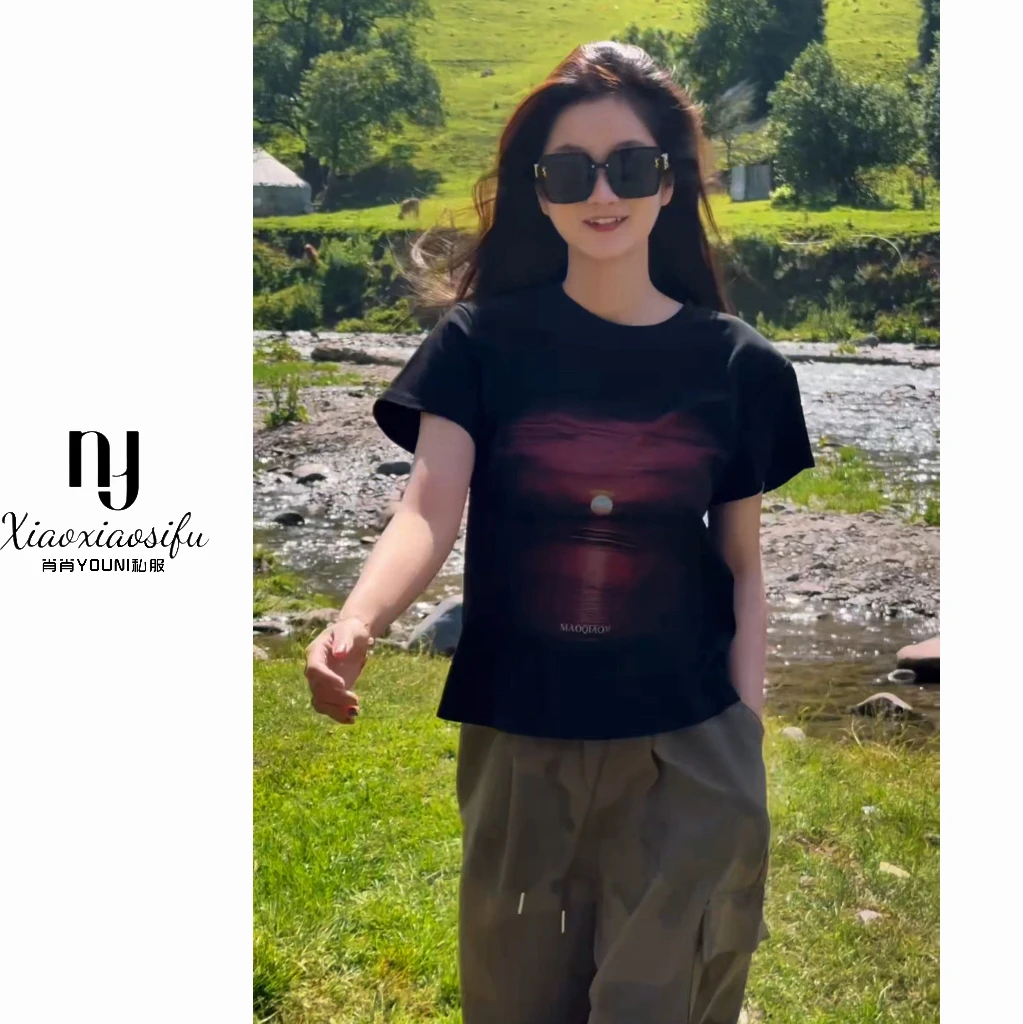 肖肖家-加州落日 渐变短袖圆领常规宽松型T恤质感私服