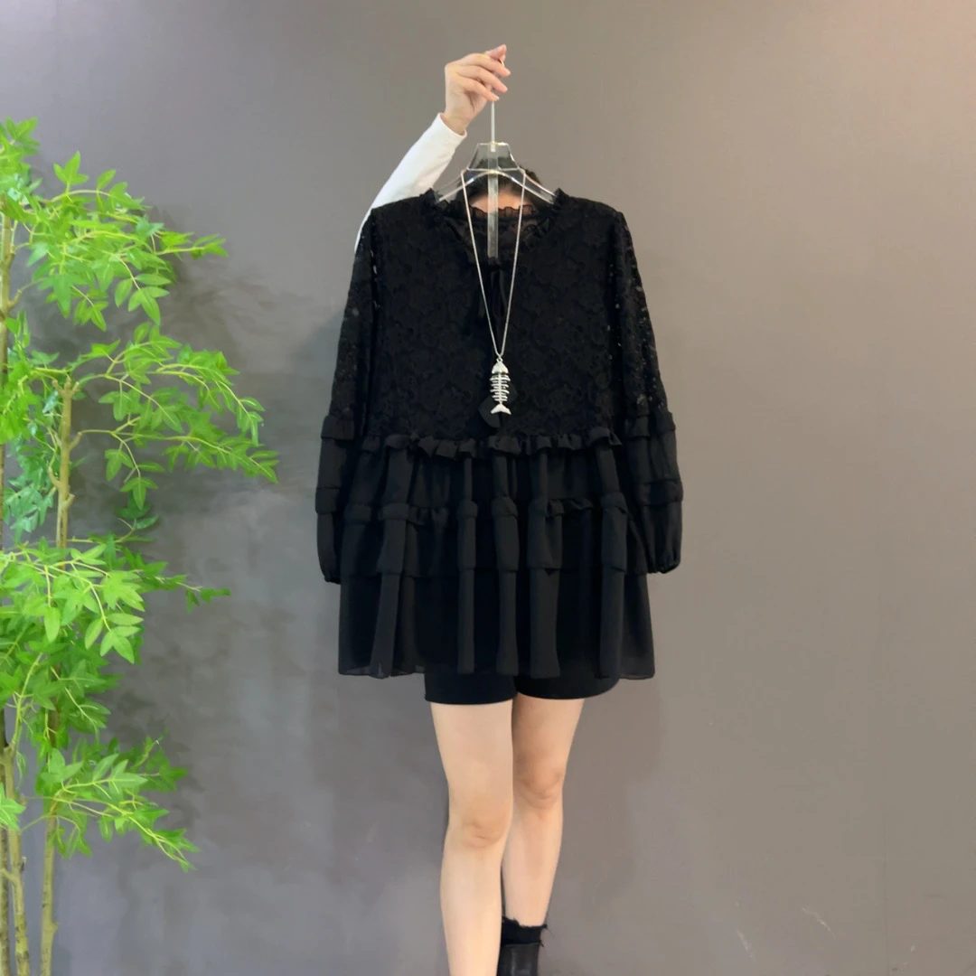 25068欧货秋冬季新款拼接名媛风大码蕾丝衫气质女装圆领时尚