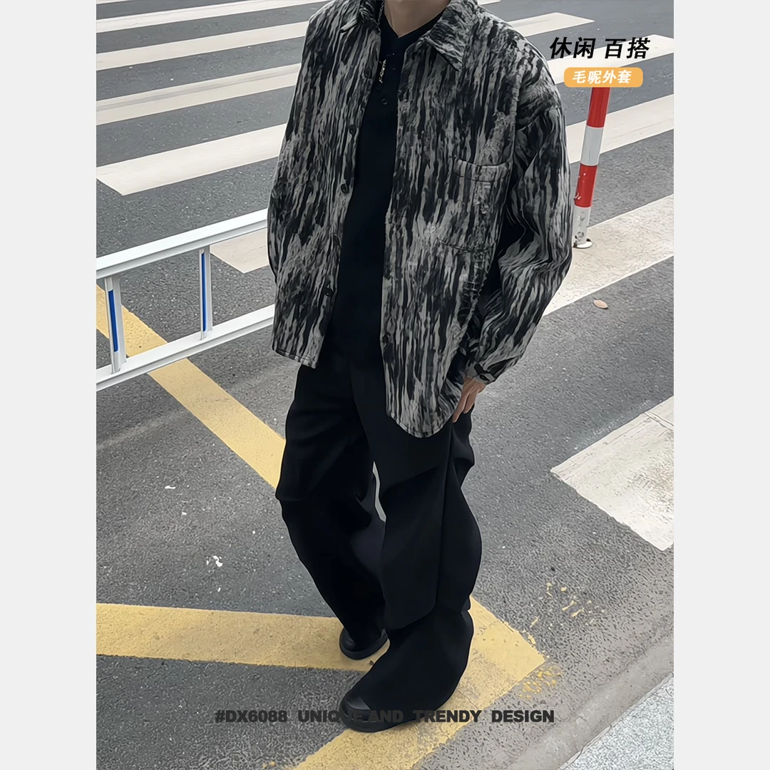 美式休闲毛呢外套男宽松翻领氛围感夹克长袖潮流秋冬男士短毛外套