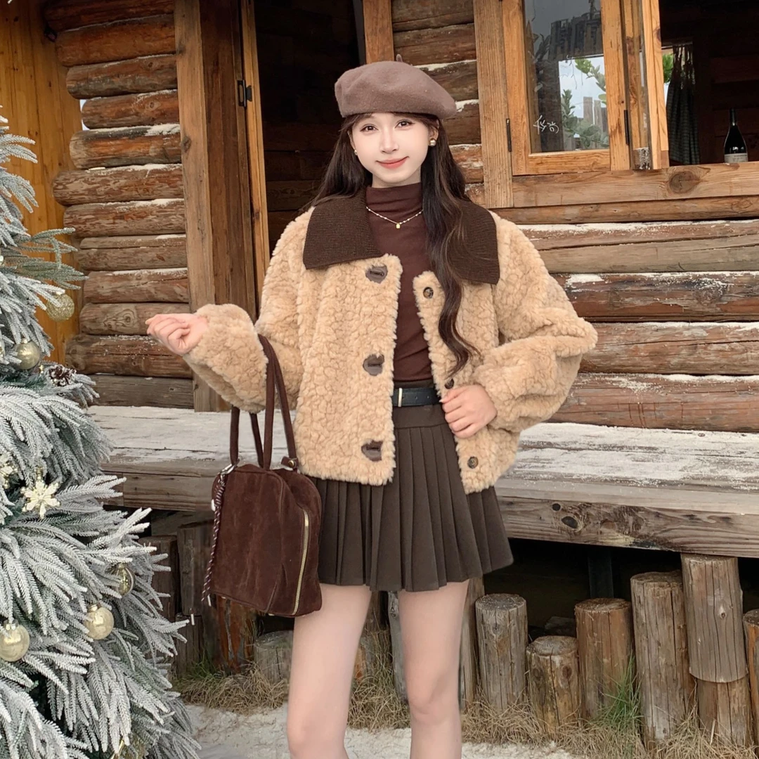 慕兔法式小个子拼接加绒翻领长袖短外套女2025冬新款保暖显瘦上衣