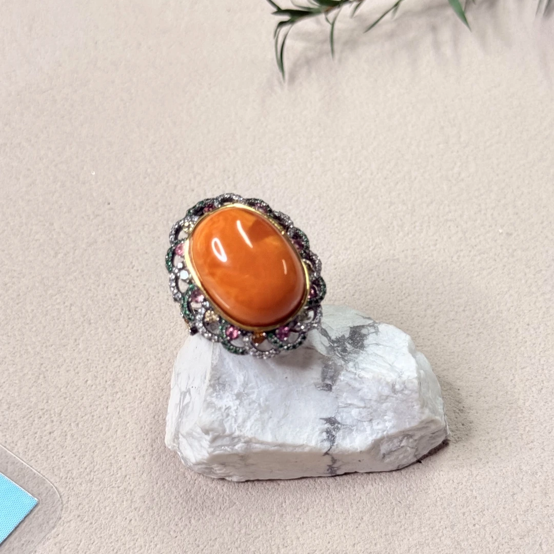 【六六中古】孤品复古琥珀s925开口戒指aj2555