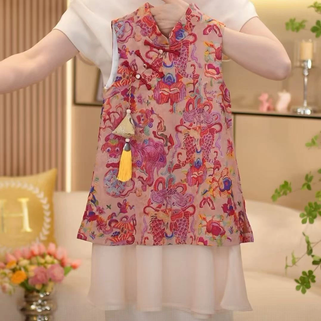 女童新中式旗袍裙旗袍连衣裙夏季2025新款国风套装裙子假两件套