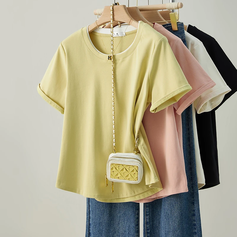 大码休闲正肩圆领短袖T恤女夏季胖mm显瘦宽松遮肚子简约百搭上衣