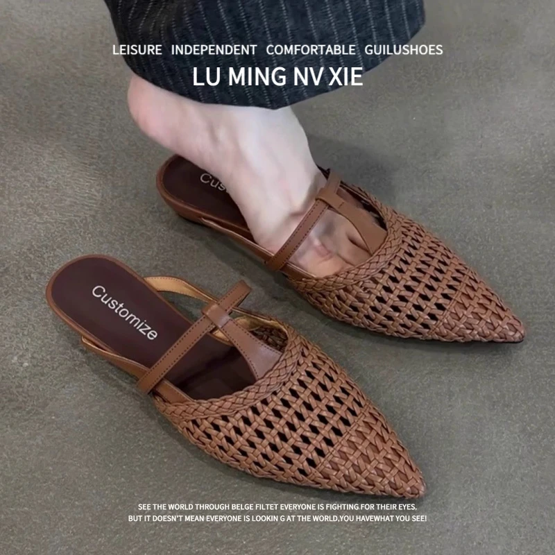 羊皮版~2025新款法式复古风编织镂空尖头包头凉镂空时尚休闲凉鞋