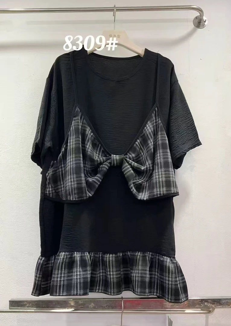 格子蝴蝶纽结假两件8309#