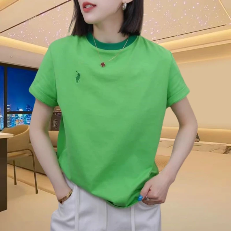 2025春夏大码女装时尚宽松图案刺绣T恤女ins短袖休闲圆领撞色上衣