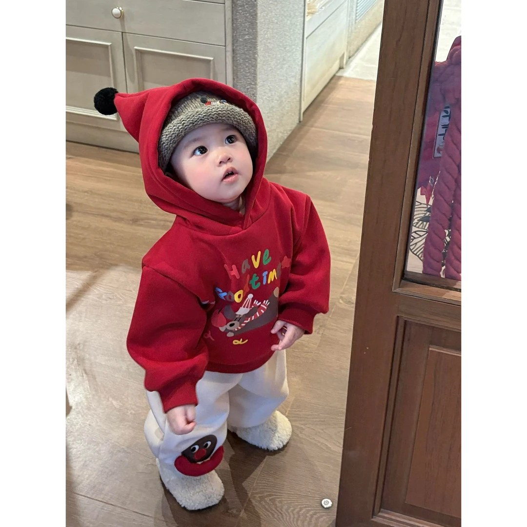 韩版男童加绒套装秋冬2025新款中小童儿童洋气红色上衣裤子两件套