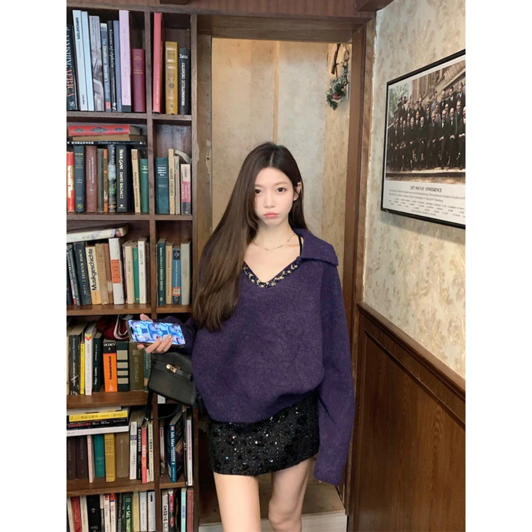 重工编织翻领毛衣女夏季2025新款复古长袖宽松显瘦百搭时尚上衣潮