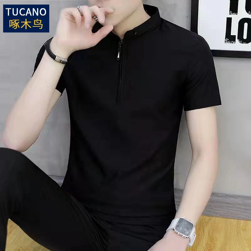 啄木鳥2025新款夏季修身带领衫短袖T恤男装衬衫领半袖夏装色打底