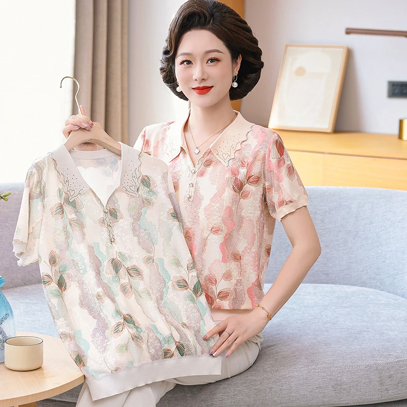 妈妈夏季短袖透气中老年女装半袖夏装大码显瘦上衣翻领T恤V领宽松