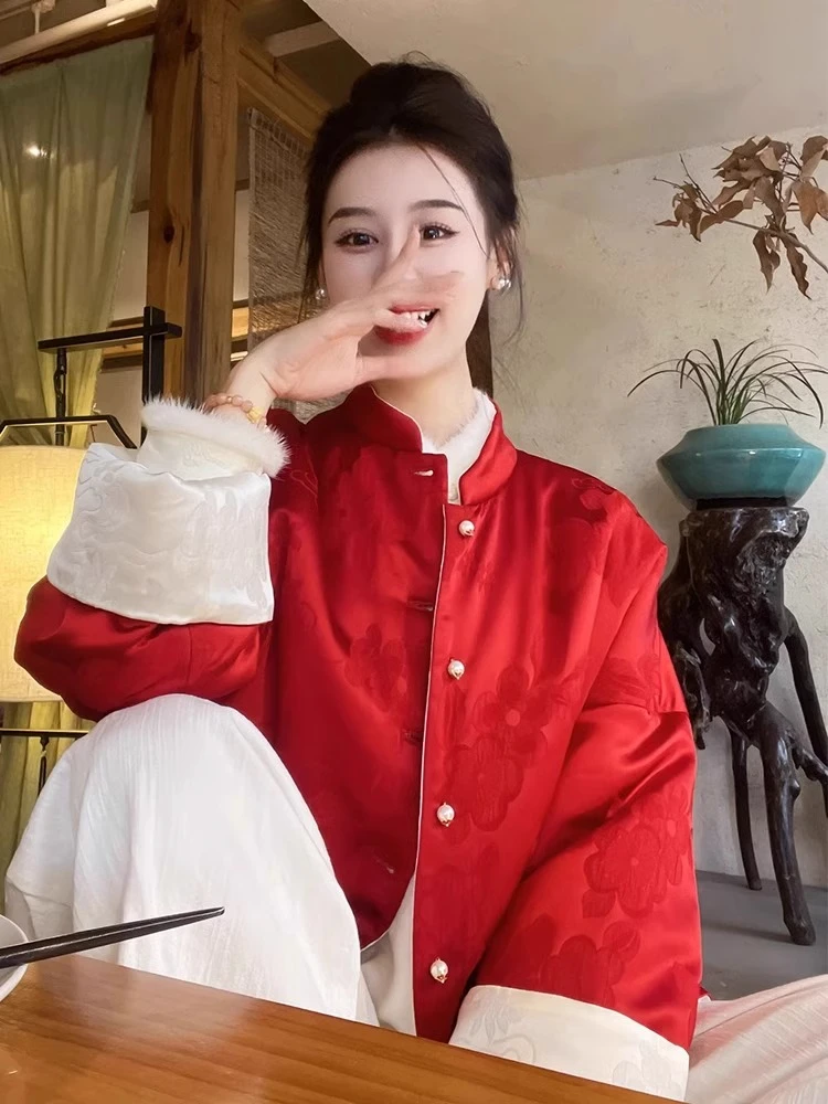 新中式国风红色两面穿羽绒棉服拜年服高级感超好看棉衣外套女秋冬
