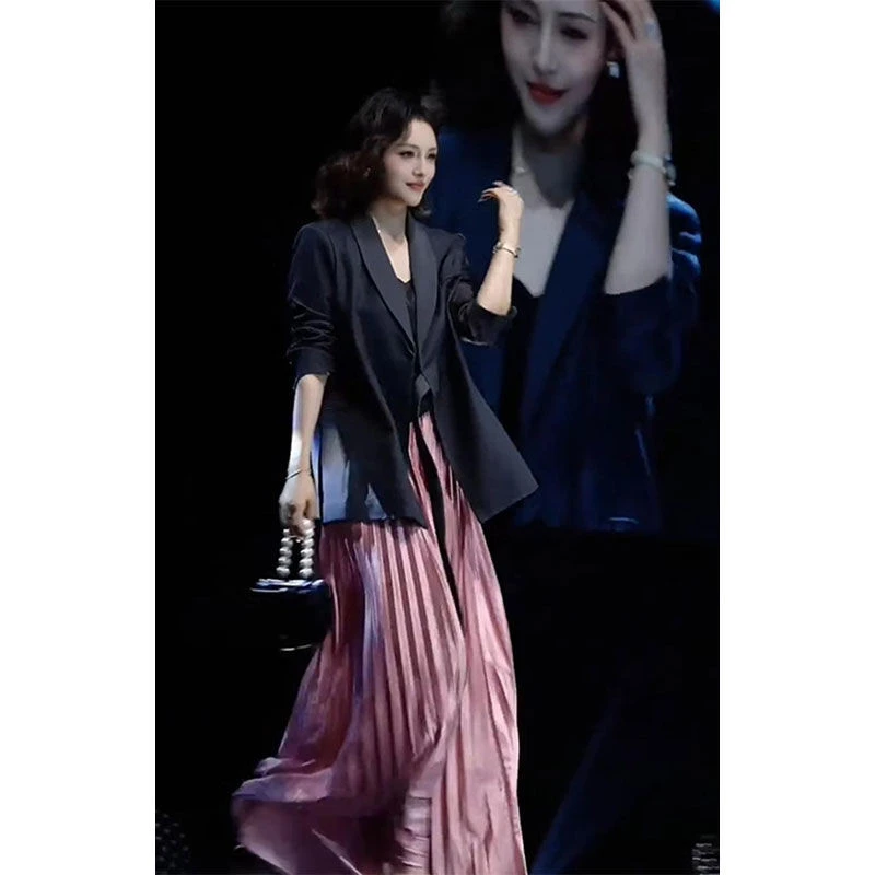 秋装搭配一整套韩系灰色西装外套粉色半身裙两件套又甜又辣套装女