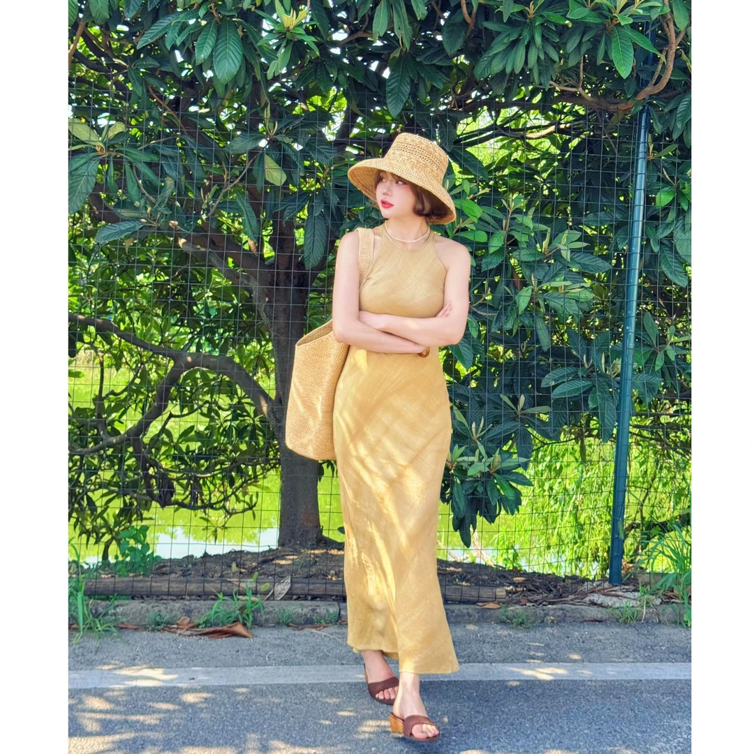 NO退NO换【湖畔听风】小个子夏新款法式亚麻天丝无袖长款清冷感长裙