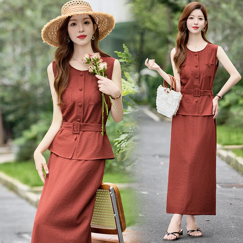 韩系气质无袖系带套装女2025夏季新款高级感时尚减龄半身裙两件套