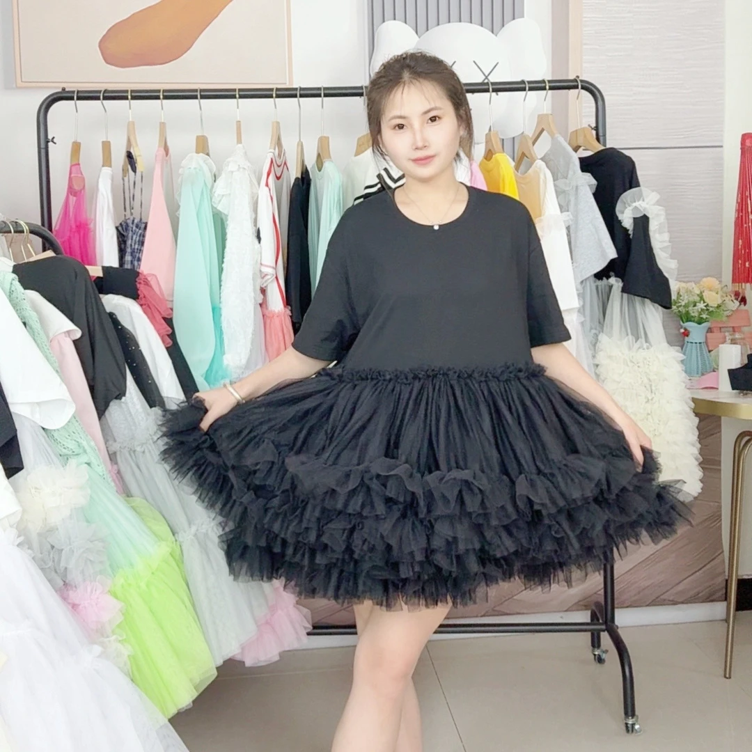设计师款夏季网纱拼接连衣裙女款洋气重工蓬蓬裙漂亮别致纯色小衫