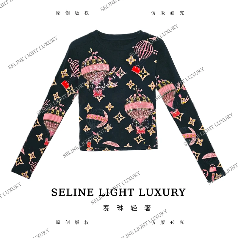 【25Q-804】太 2025 SELINE冬季新款热气球印花气质百搭圆领长袖T恤