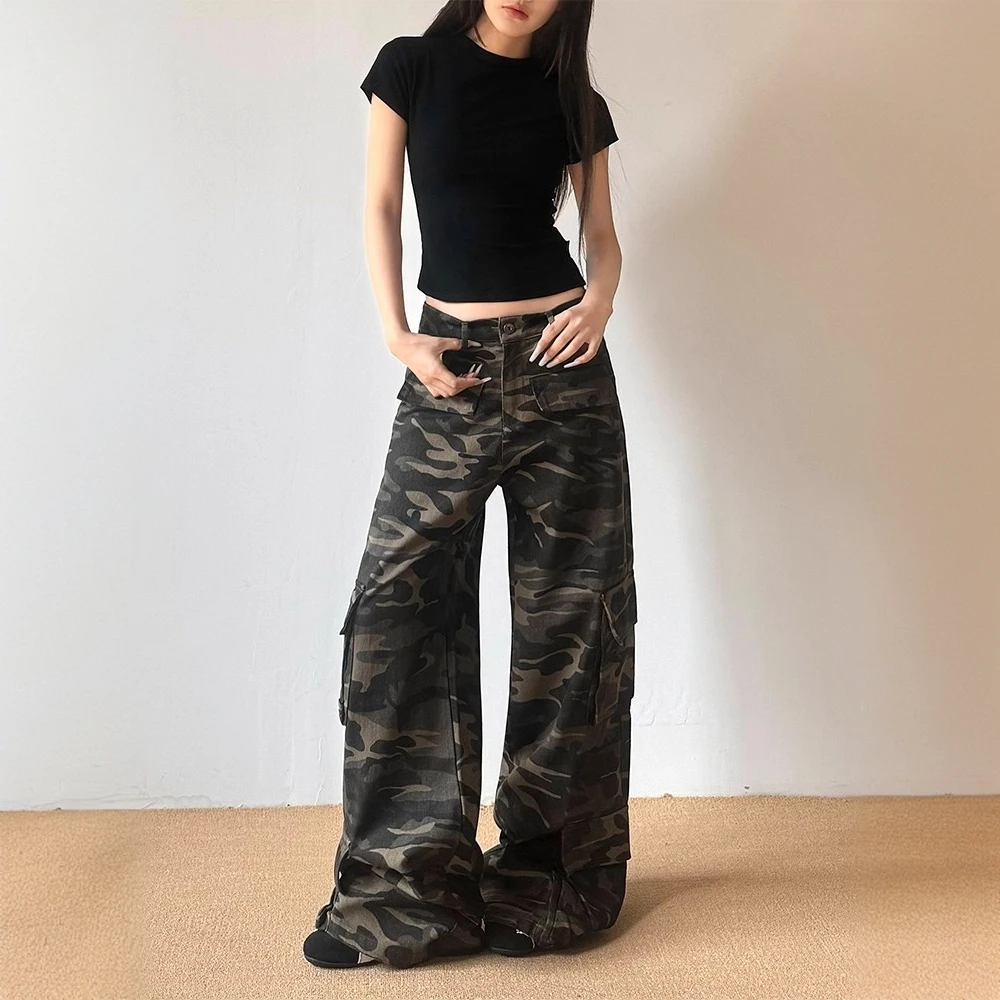 大码美式高街阔腿多口袋迷彩工装裤男女新款复古宽松直筒裤子潮牌