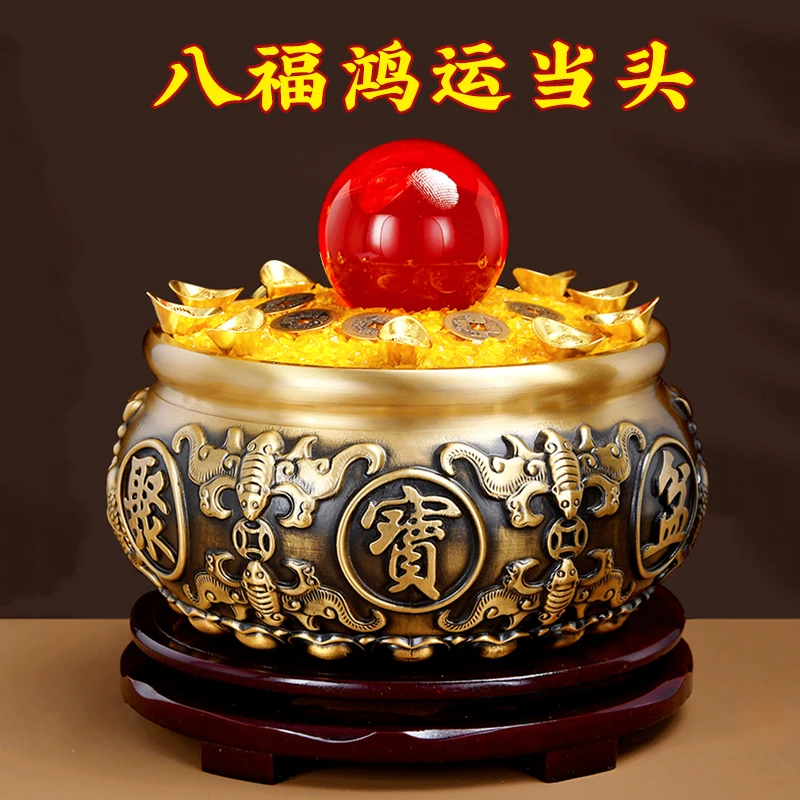 黄铜精工八福聚宝盆摆件家用客厅店铺开业礼品黄铜米缸装饰工艺品