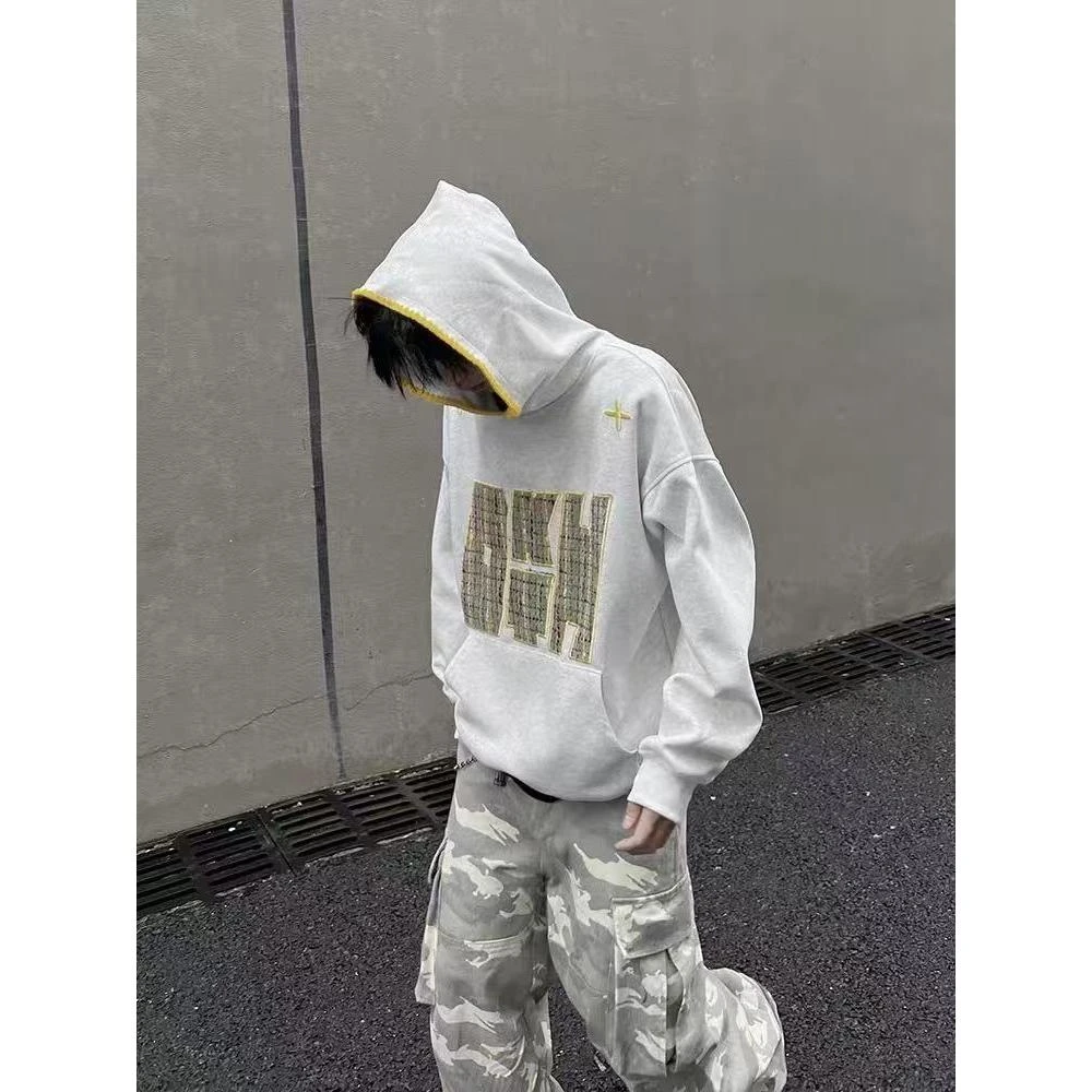 美式复古小香风贴布绣花连帽卫衣男女宽松情侣秋季国潮帽衫2025年