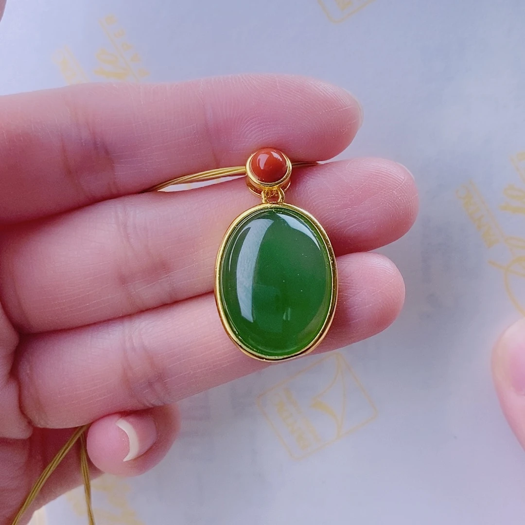 和田玉（碧玉）颈饰银S925镀金镶嵌