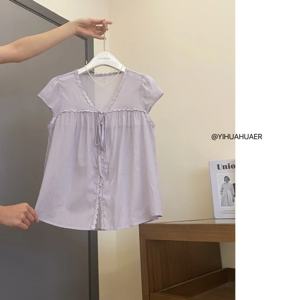 A-3625新款韩版设计感甜美温柔气质感V领紫色半袖小衫上衣