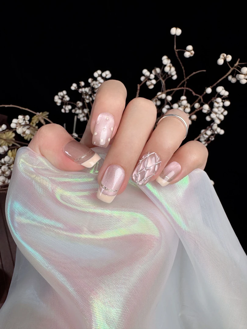 【小香风】流色纯手工法式猫眼菱格设计可拆卸美甲