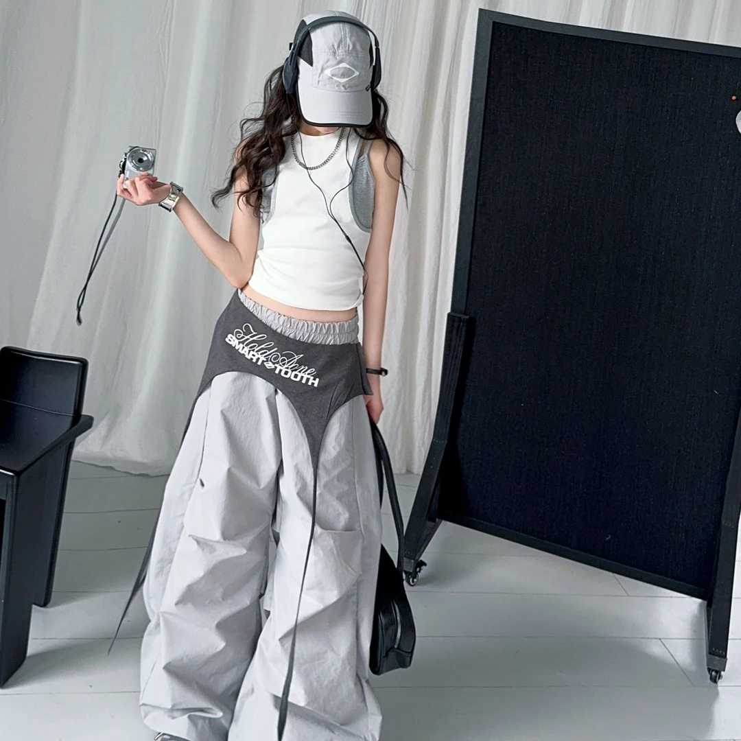 女童夏季设计感伞兵裤套装2025新款大童韩版拼接时髦洋气两件套潮