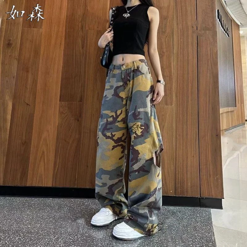 迷彩破洞休闲裤女2025春季新款美式复古ootd宽松显瘦阔腿裤长裤子