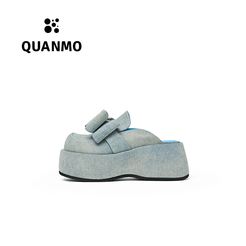 QUANMO 水洗丹宁厚底蝴蝶结包头拖鞋