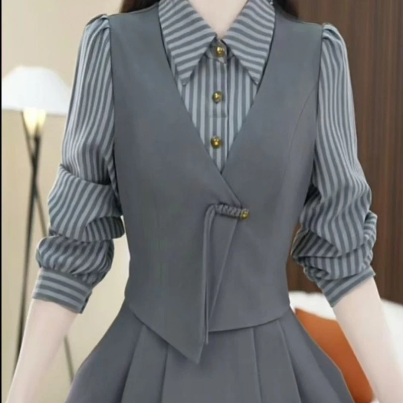 高端早秋2024新款时尚气质淑女收腰修身显瘦假两件条纹过膝连衣裙