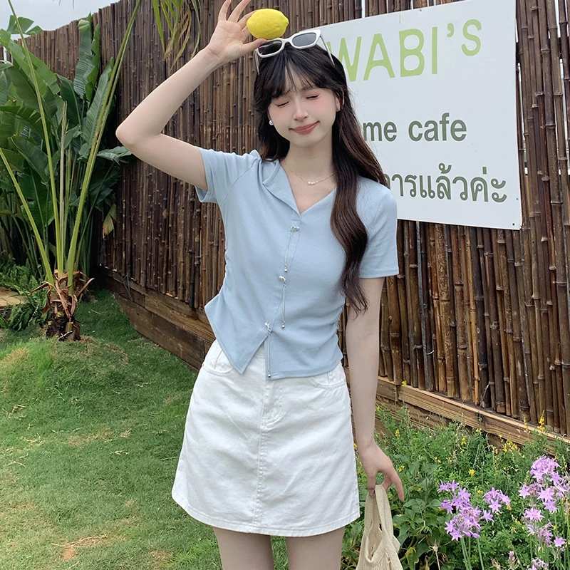 【618】慕兔韩系街头风抽褶修腰衬衫女2025夏季新款小个子短款衫