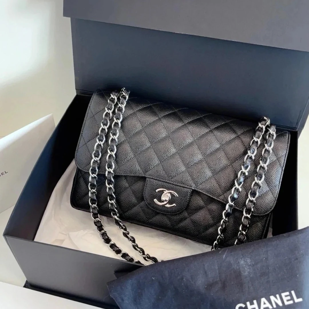95新 Chanel/香奈儿 Chanel黑银CF荔枝纹jumbo 25020134-06