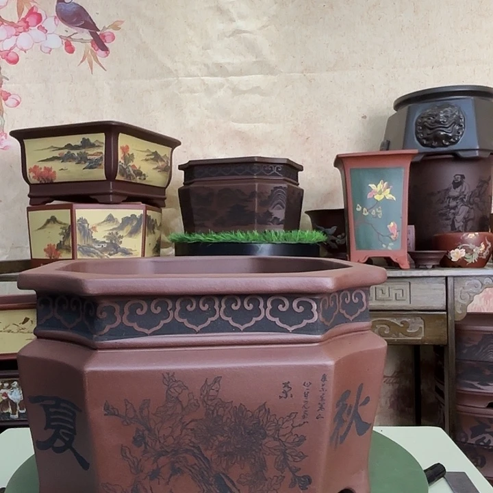 策***鞭紫砂花盆微瑕春夏秋冬