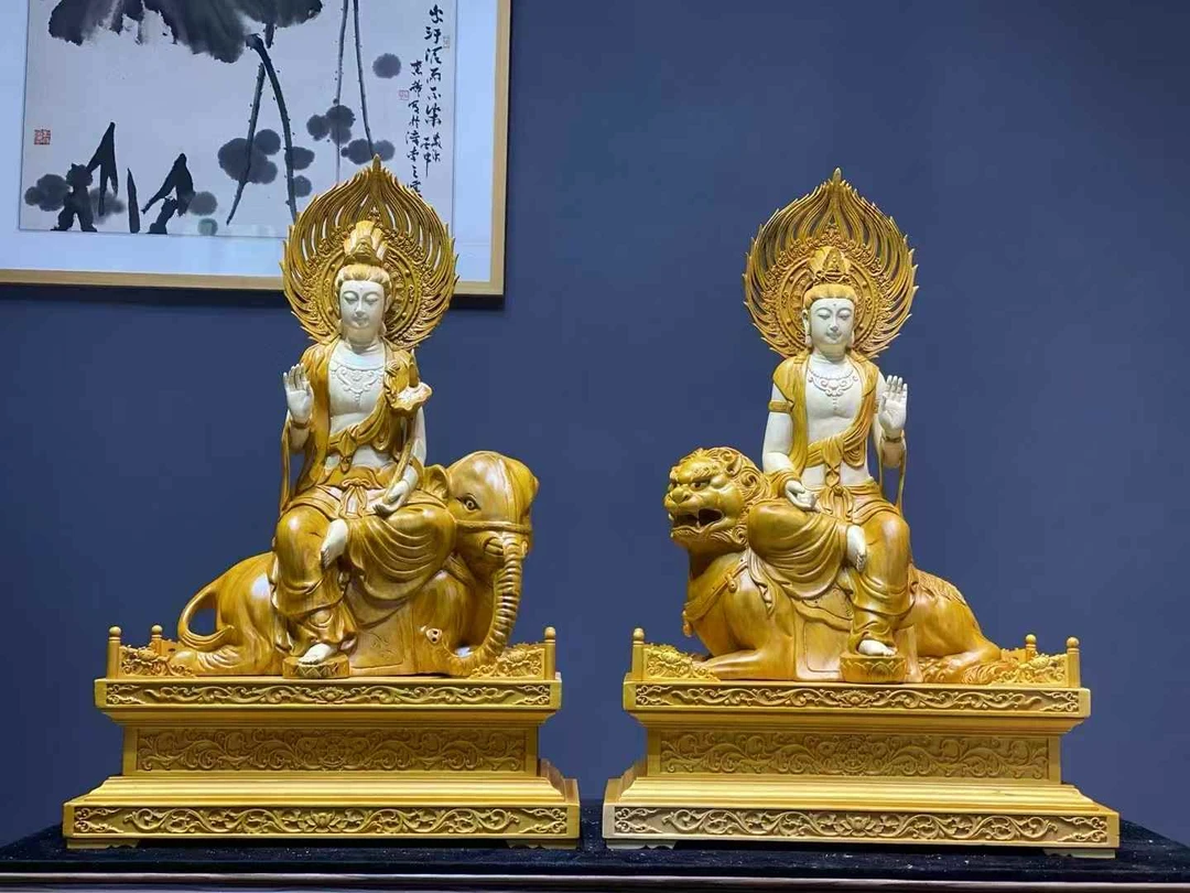 香樟木文殊普贤造像木雕平均长47宽25高66厘米