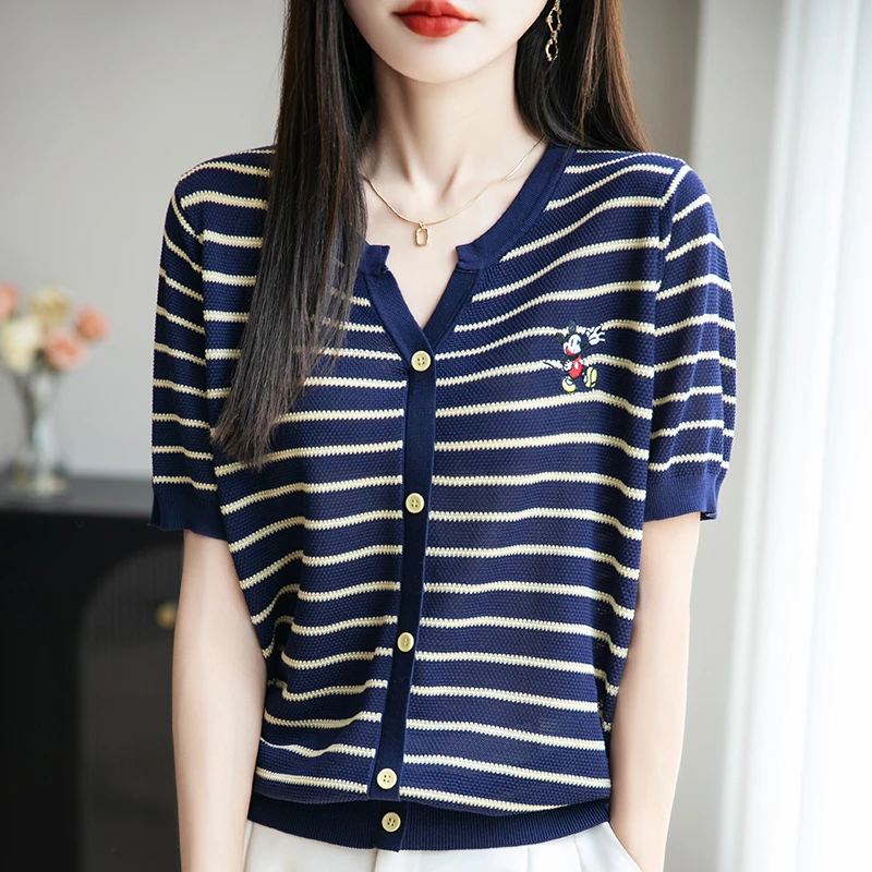 正品哥弟新款2025夏季时尚V领条纹刺绣短袖针织开衫宽松百搭薄款