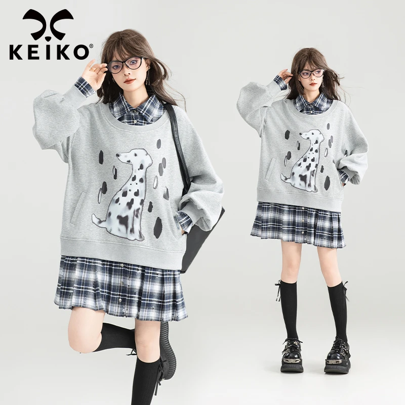 KEIKO 斑点狗美式叠拼假两件式连衣裙25秋季设计感宽松显瘦卫衣裙