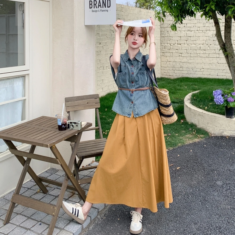 港风复古牛仔无袖衬衫半身裙套装女夏季气质显瘦两件套裙
