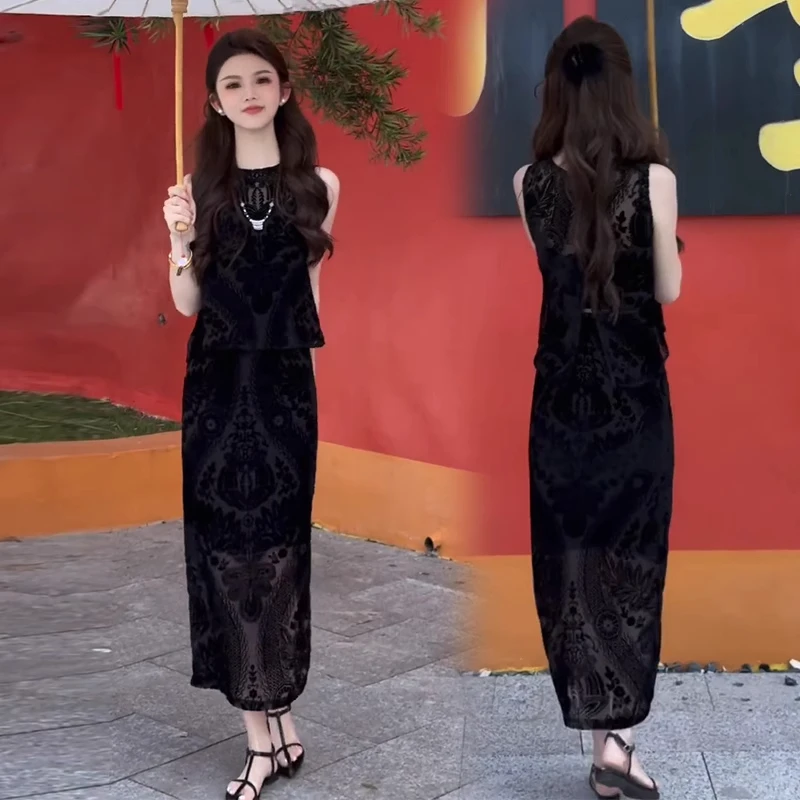 时尚气质套装裙女2025夏季新款洋气显瘦无袖开叉上衣半身裙两件套