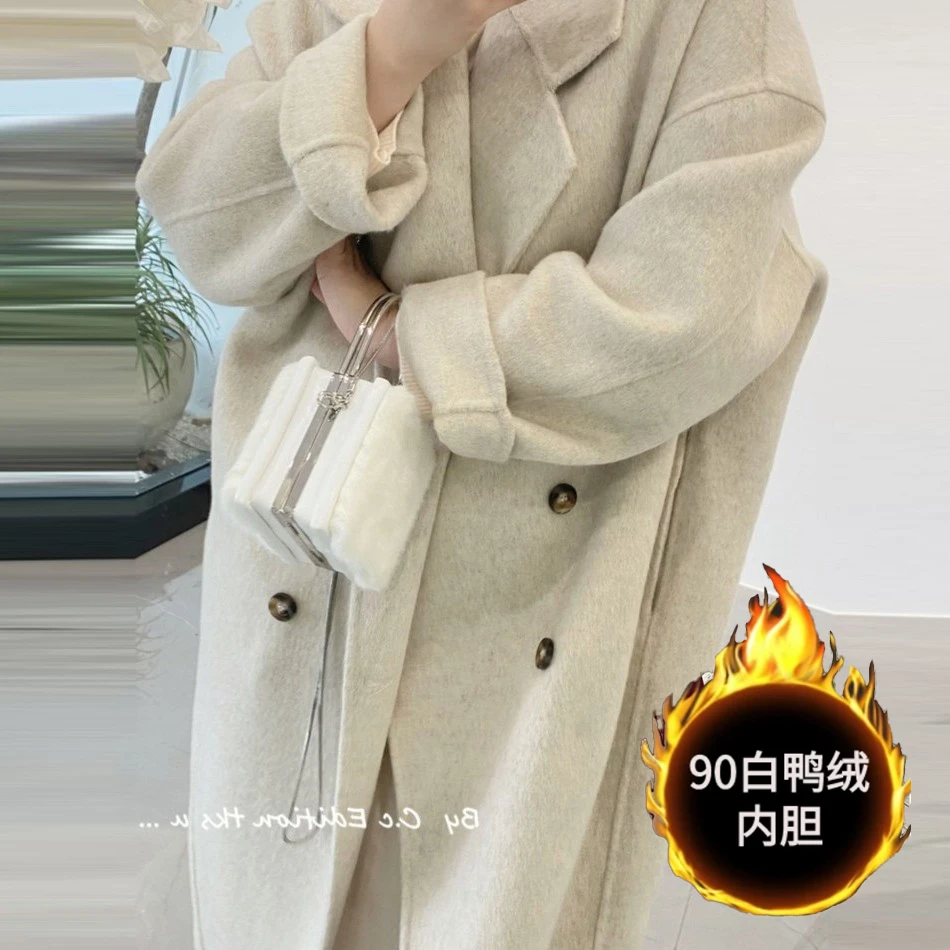 2025年潮流冬季羽绒服内胆双面绒毛呢外套女港风加绒加厚呢子大衣